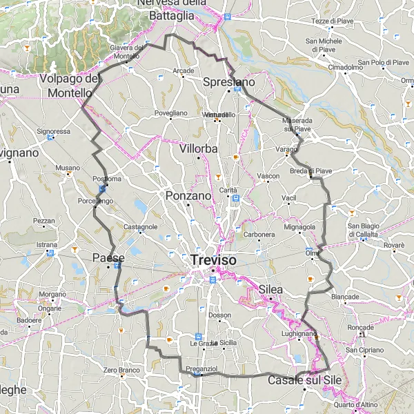 Kartminiatyr av "Oppdag Breda di Piave og Belvedere" sykkelinspirasjon i Veneto, Italy. Generert av Tarmacs.app sykkelrutoplanlegger