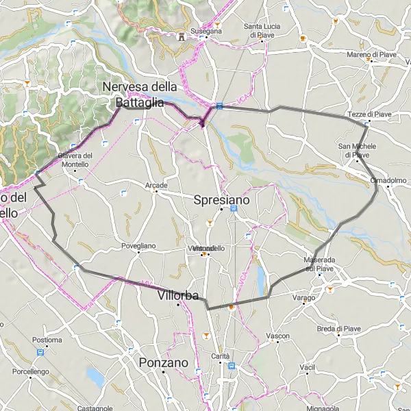 Miniatuurkaart van de fietsinspiratie "Verken de omgeving van Selva del Montello op deze 46 km lange fietstocht" in Veneto, Italy. Gemaakt door de Tarmacs.app fietsrouteplanner