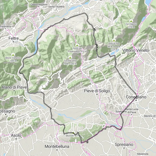 Miniatuurkaart van de fietsinspiratie "Verover de Montello heuvel en doorkruis Conegliano op deze 115 km lange fietstocht" in Veneto, Italy. Gemaakt door de Tarmacs.app fietsrouteplanner