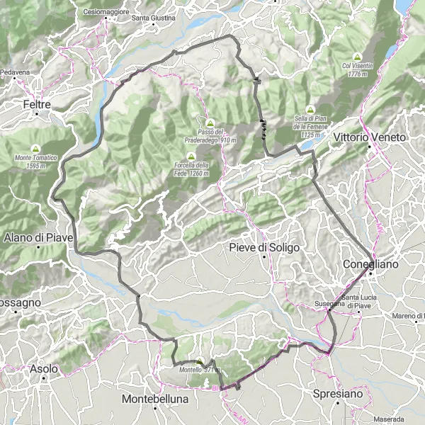 Mapa miniatúra "Cyklotúra na Montello a okolie" cyklistická inšpirácia v Veneto, Italy. Vygenerované cyklistickým plánovačom trás Tarmacs.app