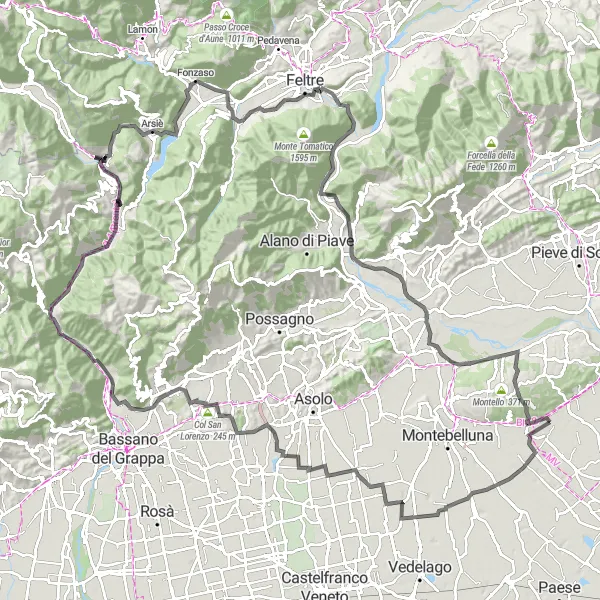 Mapa miniatúra "Cyklistická trasa po cestách kolem Selva del Montello" cyklistická inšpirácia v Veneto, Italy. Vygenerované cyklistickým plánovačom trás Tarmacs.app