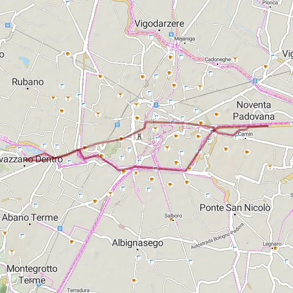 Miniaturní mapa "Gravelová cyklotrasa kolem Selvazzano Dentro" inspirace pro cyklisty v oblasti Veneto, Italy. Vytvořeno pomocí plánovače tras Tarmacs.app