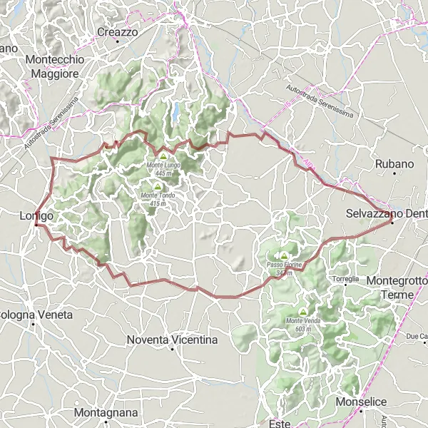 Zemljevid v pomanjšavi "Gorska kolesarska pot skozi Agugliaro" kolesarske inspiracije v Veneto, Italy. Generirano z načrtovalcem kolesarskih poti Tarmacs.app