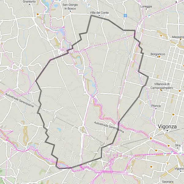 Kartminiatyr av "Padova og Brenta elven" sykkelinspirasjon i Veneto, Italy. Generert av Tarmacs.app sykkelrutoplanlegger