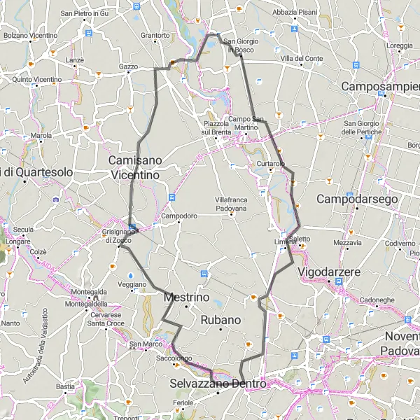 Miniatura della mappa di ispirazione al ciclismo "Circuito Road tra Saccolongo e Selvazzano Dentro" nella regione di Veneto, Italy. Generata da Tarmacs.app, pianificatore di rotte ciclistiche