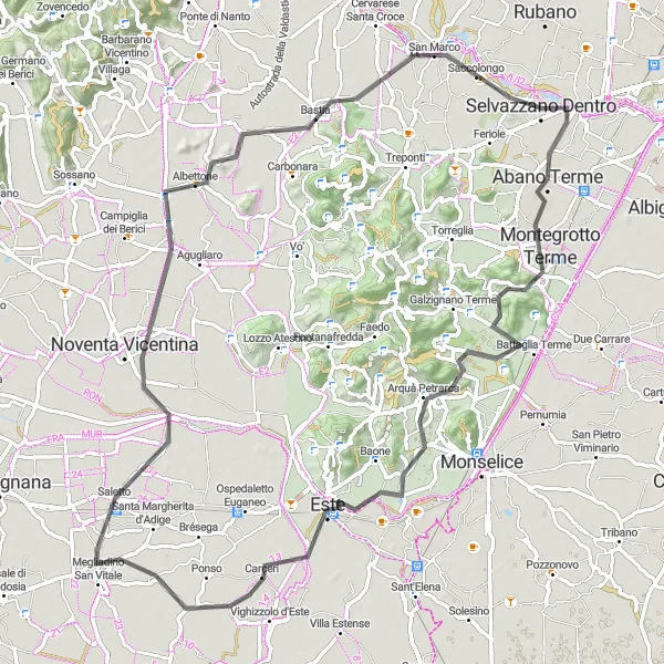 Map miniature of "Montegrotto Terme Loop" cycling inspiration in Veneto, Italy. Generated by Tarmacs.app cycling route planner