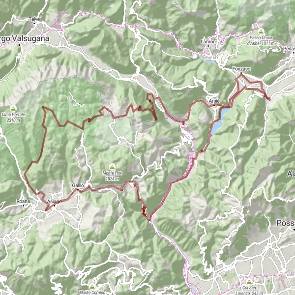 Miniatua del mapa de inspiración ciclista "Ruta de ciclismo de grava alrededor de Seren del Grappa" en Veneto, Italy. Generado por Tarmacs.app planificador de rutas ciclistas