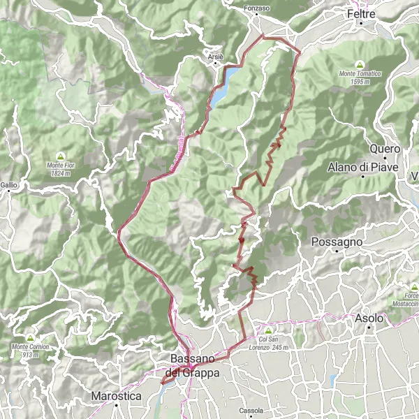 Mapa miniatúra "Gravelová výzva Monte Grappa" cyklistická inšpirácia v Veneto, Italy. Vygenerované cyklistickým plánovačom trás Tarmacs.app