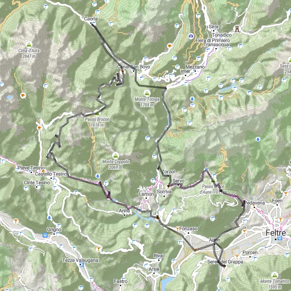Miniatua del mapa de inspiración ciclista "Ruta de Seren del Grappa a Zorzoi y Canal San Bovo" en Veneto, Italy. Generado por Tarmacs.app planificador de rutas ciclistas