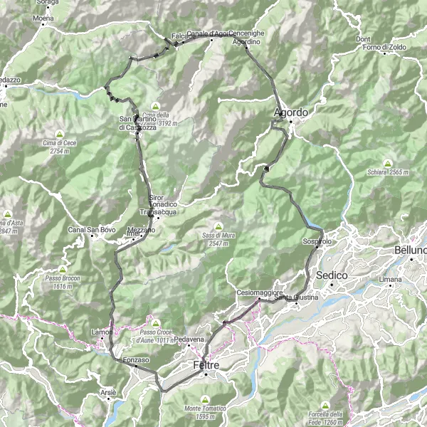 Mapa miniatúra "Challenging road okruh z Seren del Grappa" cyklistická inšpirácia v Veneto, Italy. Vygenerované cyklistickým plánovačom trás Tarmacs.app