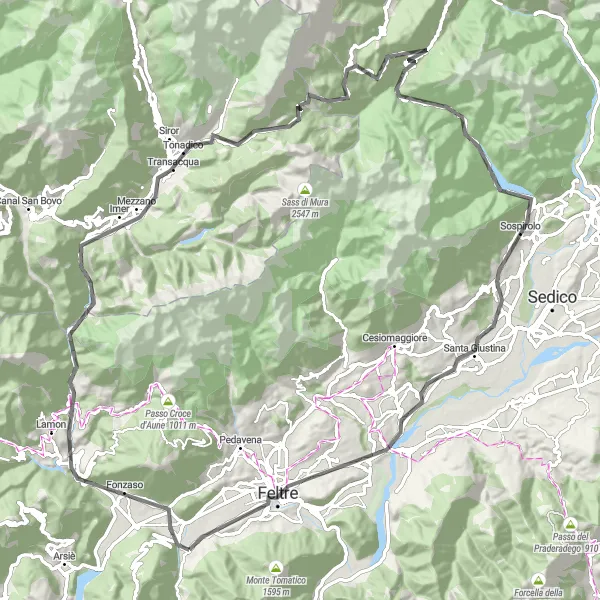 Mapa miniatúra "Výzva vrcholu Monte Grappa" cyklistická inšpirácia v Veneto, Italy. Vygenerované cyklistickým plánovačom trás Tarmacs.app