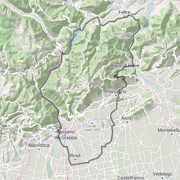 Zemljevid v pomanjšavi "Raznolika potovanja v okolici Seren del Grappa" kolesarske inspiracije v Veneto, Italy. Generirano z načrtovalcem kolesarskih poti Tarmacs.app