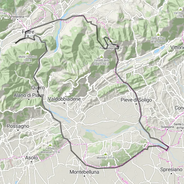 Miniatura della mappa di ispirazione al ciclismo "Circuito Panoramico delle Prealpi" nella regione di Veneto, Italy. Generata da Tarmacs.app, pianificatore di rotte ciclistiche