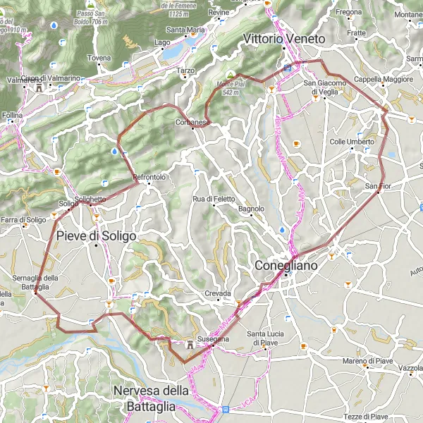 Miniatura della mappa di ispirazione al ciclismo "Giro in Gravel tra Sernaglia della Battaglia e Susegana" nella regione di Veneto, Italy. Generata da Tarmacs.app, pianificatore di rotte ciclistiche