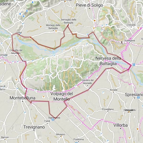 Miniatura della mappa di ispirazione al ciclismo "Avventura Ciclistica tra Nervesa della Battaglia e Sernaglia della Battaglia" nella regione di Veneto, Italy. Generata da Tarmacs.app, pianificatore di rotte ciclistiche