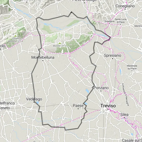 Miniatura della mappa di ispirazione al ciclismo "Pedalata tra le colline del Montello" nella regione di Veneto, Italy. Generata da Tarmacs.app, pianificatore di rotte ciclistiche