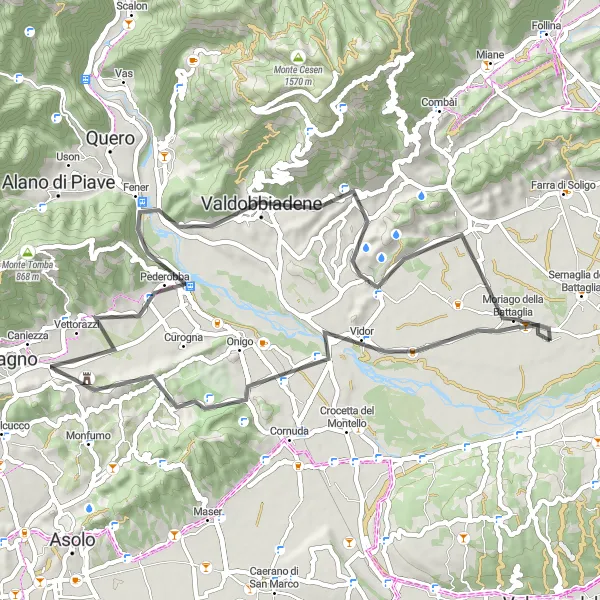 Miniaturní mapa "Okruh kolem Sernaglia della Battaglia" inspirace pro cyklisty v oblasti Veneto, Italy. Vytvořeno pomocí plánovače tras Tarmacs.app