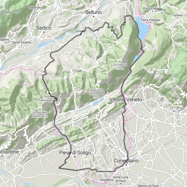 Miniatua del mapa de inspiración ciclista "Ruta de Ciclismo de Carretera por Nevegal" en Veneto, Italy. Generado por Tarmacs.app planificador de rutas ciclistas