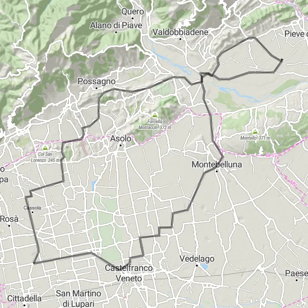 Miniatua del mapa de inspiración ciclista "Ruta de Ciclismo de Carretera por Castelfranco Veneto" en Veneto, Italy. Generado por Tarmacs.app planificador de rutas ciclistas