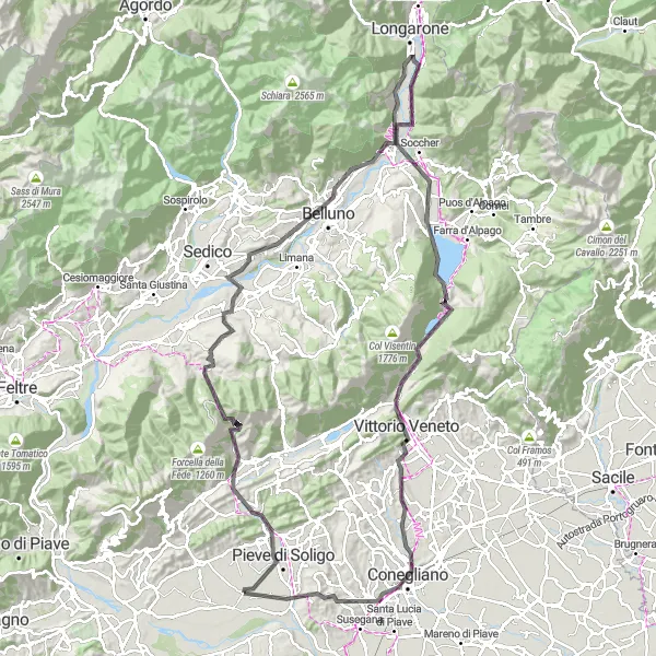 Zemljevid v pomanjšavi "Velika krožna pot vokolici Sernaglie della Battaglia" kolesarske inspiracije v Veneto, Italy. Generirano z načrtovalcem kolesarskih poti Tarmacs.app