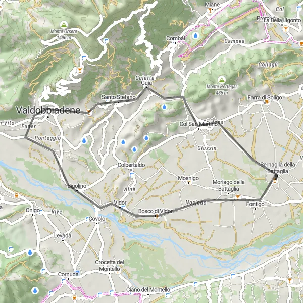 Miniatua del mapa de inspiración ciclista "Corta ruta escénica desde Sernaglia della Battaglia" en Veneto, Italy. Generado por Tarmacs.app planificador de rutas ciclistas