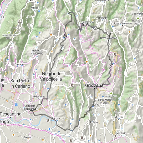 Map miniature of "Settimo-San Vito-Prun-Monte Tesoro-Lughezzano-Montee delle Site-Corrubbio di Negarine" cycling inspiration in Veneto, Italy. Generated by Tarmacs.app cycling route planner