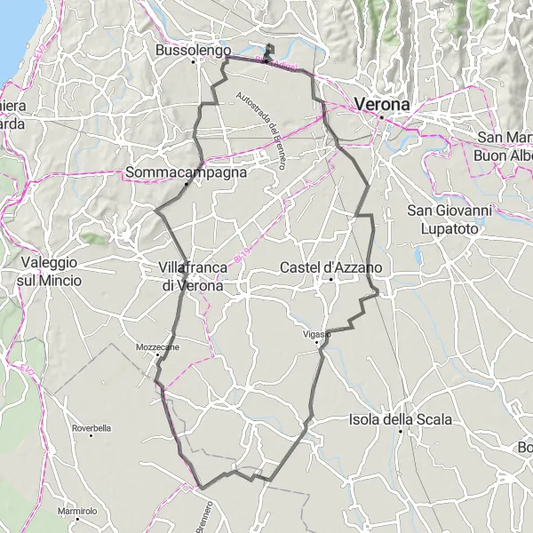 Map miniature of "Cycling along River Adige" cycling inspiration in Veneto, Italy. Generated by Tarmacs.app cycling route planner