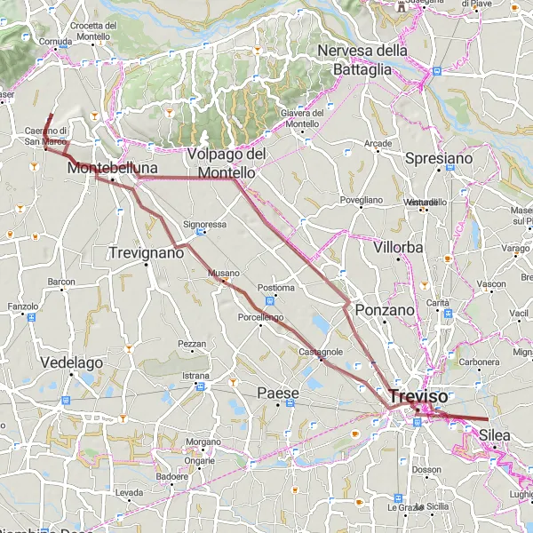 Miniaturní mapa "Gravel trasa kolem Silea" inspirace pro cyklisty v oblasti Veneto, Italy. Vytvořeno pomocí plánovače tras Tarmacs.app