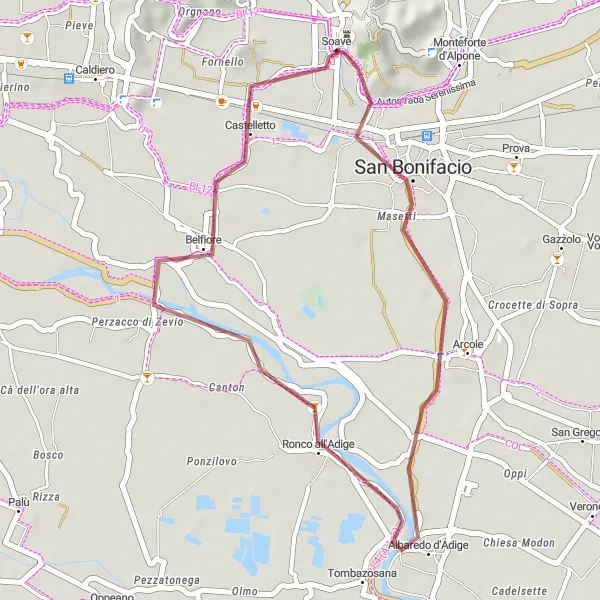 Miniature de la carte de l'inspiration cycliste "Les collines de Soave" dans la Veneto, Italy. Générée par le planificateur d'itinéraire cycliste Tarmacs.app