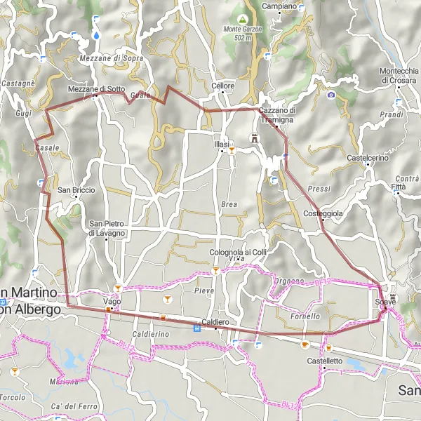 Miniature de la carte de l'inspiration cycliste "L'aventure gravel autour de Soave" dans la Veneto, Italy. Générée par le planificateur d'itinéraire cycliste Tarmacs.app