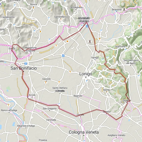 Karten-Miniaturansicht der Radinspiration "Herausfordernde Gravel-Tour" in Veneto, Italy. Erstellt vom Tarmacs.app-Routenplaner für Radtouren