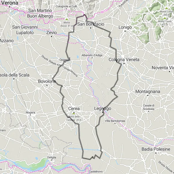 Miniature de la carte de l'inspiration cycliste "Les rives de l'Adige" dans la Veneto, Italy. Générée par le planificateur d'itinéraire cycliste Tarmacs.app