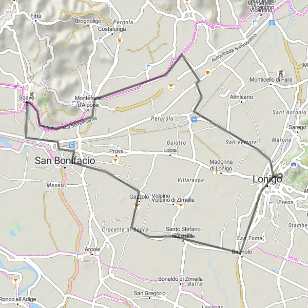 Map miniature of "Lonigo Loop" cycling inspiration in Veneto, Italy. Generated by Tarmacs.app cycling route planner