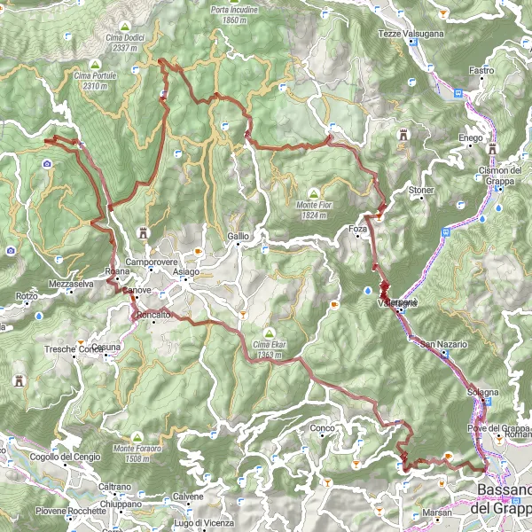 Miniatuurkaart van de fietsinspiratie "Avontuurlijke gravelrit naar Monte Tondo" in Veneto, Italy. Gemaakt door de Tarmacs.app fietsrouteplanner