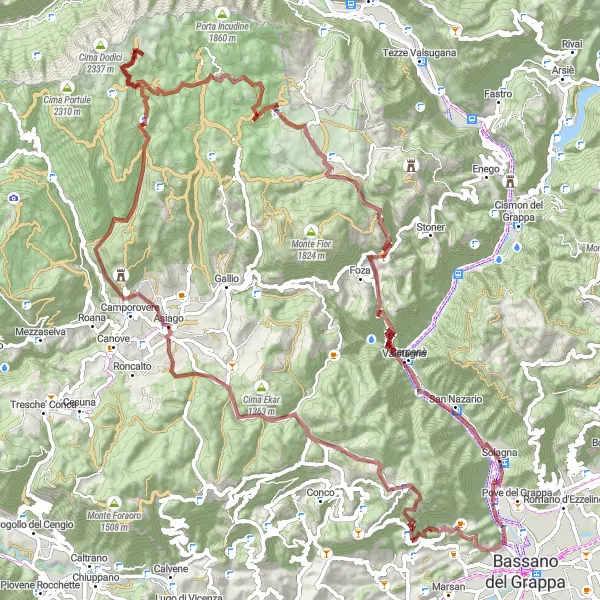 Miniatura della mappa di ispirazione al ciclismo "Giro in Gravel attraverso le Montagne Venete" nella regione di Veneto, Italy. Generata da Tarmacs.app, pianificatore di rotte ciclistiche