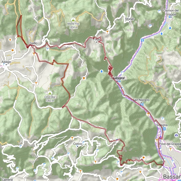 Miniatuurkaart van de fietsinspiratie "Gravelavontuur naar Monte Zomo" in Veneto, Italy. Gemaakt door de Tarmacs.app fietsrouteplanner