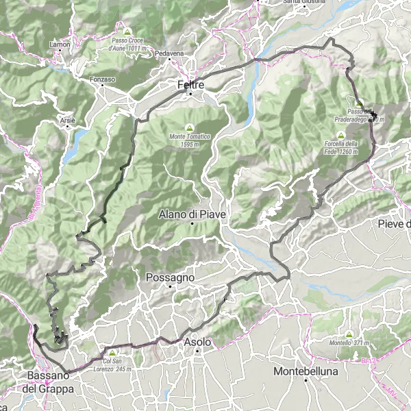 Kartminiatyr av "Grappa og fjell i Veneto" sykkelinspirasjon i Veneto, Italy. Generert av Tarmacs.app sykkelrutoplanlegger