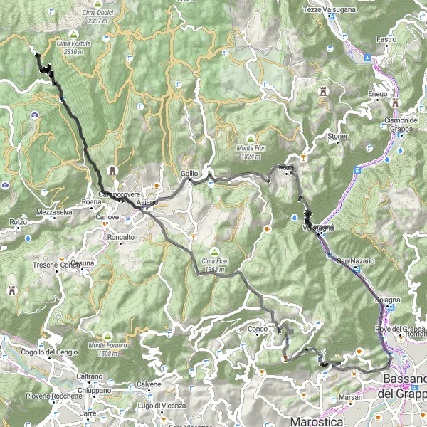 Miniatua del mapa de inspiración ciclista "Ruta de Ciclismo en Carretera por Montañas de Veneto" en Veneto, Italy. Generado por Tarmacs.app planificador de rutas ciclistas
