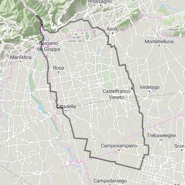 Zemljevid v pomanjšavi "Kolesarjenje po Monte Castellaru" kolesarske inspiracije v Veneto, Italy. Generirano z načrtovalcem kolesarskih poti Tarmacs.app