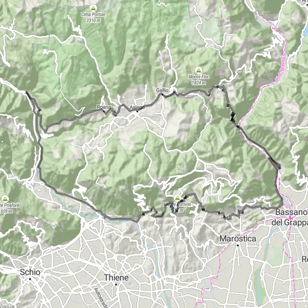 Miniatua del mapa de inspiración ciclista "Ruta de Carretera a Solagna" en Veneto, Italy. Generado por Tarmacs.app planificador de rutas ciclistas