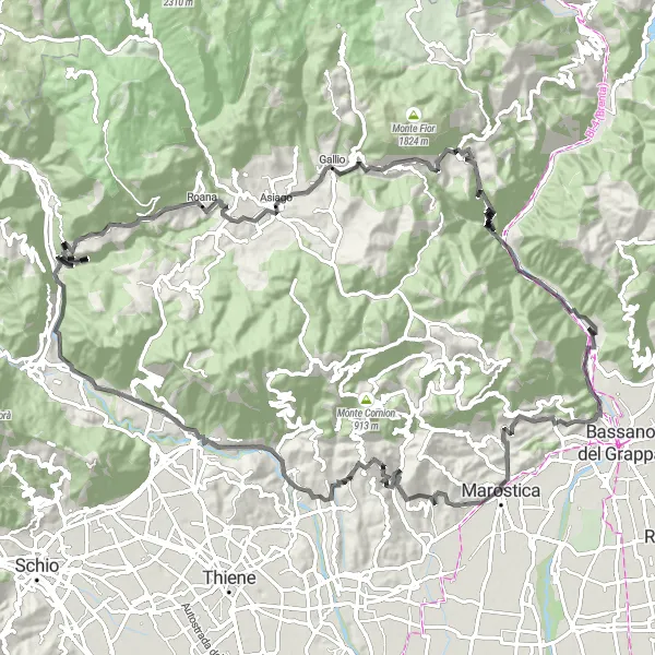 Miniaturní mapa "Cesta kolem Monte Castellaro" inspirace pro cyklisty v oblasti Veneto, Italy. Vytvořeno pomocí plánovače tras Tarmacs.app