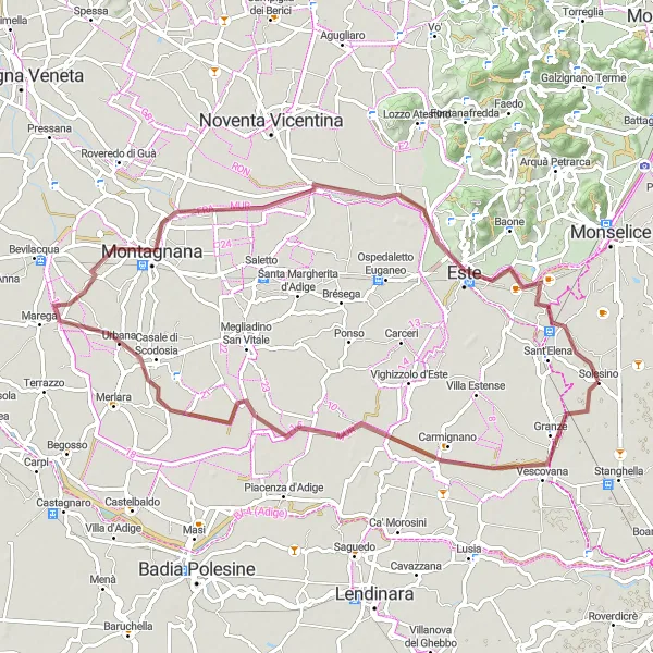 Miniaturní mapa "Gravelová trasa kolem Veneta" inspirace pro cyklisty v oblasti Veneto, Italy. Vytvořeno pomocí plánovače tras Tarmacs.app