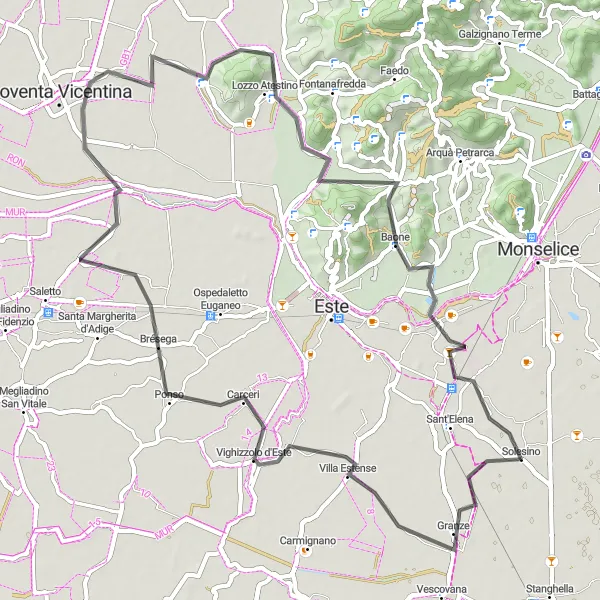 Miniature de la carte de l'inspiration cycliste "Itinéraire pittoresque vers Baone" dans la Veneto, Italy. Générée par le planificateur d'itinéraire cycliste Tarmacs.app