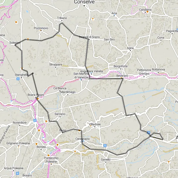 Miniaturní mapa "Cyklovýlet po okolí Solesina přes Bagnoli di Sopra, Cà Emo a Ceregnano" inspirace pro cyklisty v oblasti Veneto, Italy. Vytvořeno pomocí plánovače tras Tarmacs.app