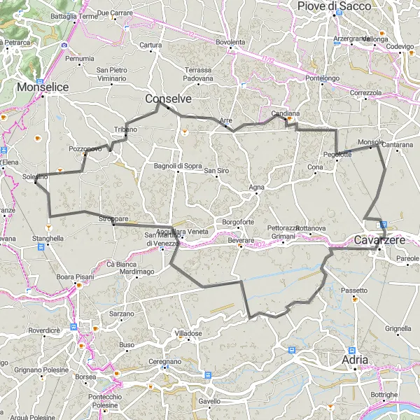 Miniaturní mapa "Výlet z Solesina přes Pozzonovo, Arre, Monsole, Cavarzere, Cà Emo a Anguillaru Veneta" inspirace pro cyklisty v oblasti Veneto, Italy. Vytvořeno pomocí plánovače tras Tarmacs.app