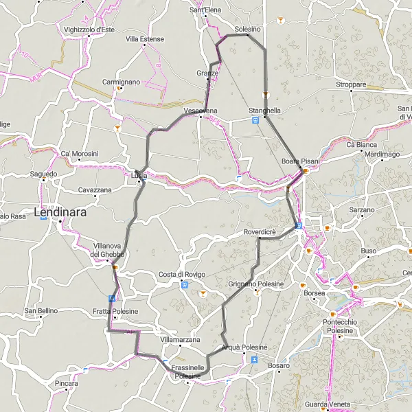 Miniatura della mappa di ispirazione al ciclismo "Itinerario ciclistico da Solesino a Granze" nella regione di Veneto, Italy. Generata da Tarmacs.app, pianificatore di rotte ciclistiche