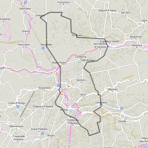 Miniatura della mappa di ispirazione al ciclismo "Alla scoperta di Solesino e dintorni in bicicletta" nella regione di Veneto, Italy. Generata da Tarmacs.app, pianificatore di rotte ciclistiche