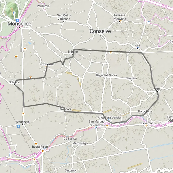 Miniatura mapy "Trasa w okolicach Solesino - Pozzonovo - Arre - Anguillara Veneta - Solesino" - trasy rowerowej w Veneto, Italy. Wygenerowane przez planer tras rowerowych Tarmacs.app