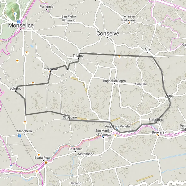 Miniatura della mappa di ispirazione al ciclismo "Giro in bicicletta tra Solesino e Pozzonovo" nella regione di Veneto, Italy. Generata da Tarmacs.app, pianificatore di rotte ciclistiche