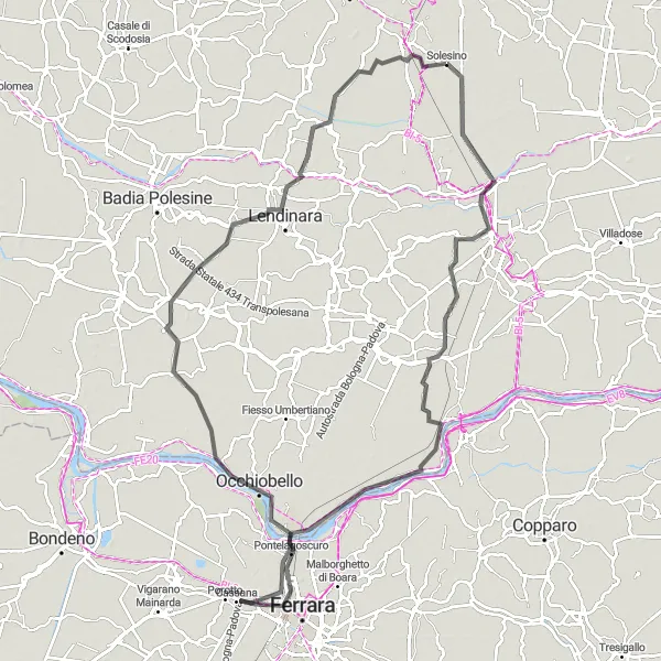 Mapa miniatúra "Jazda cez Arquà Polesine" cyklistická inšpirácia v Veneto, Italy. Vygenerované cyklistickým plánovačom trás Tarmacs.app